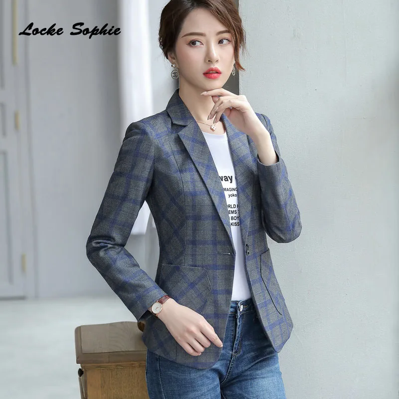 1pcs Women's Plus size Slim fit Blazers coats 2019 Autumn cotton blend plaid Small Suits jackets ladies Skinny Blazers Suits