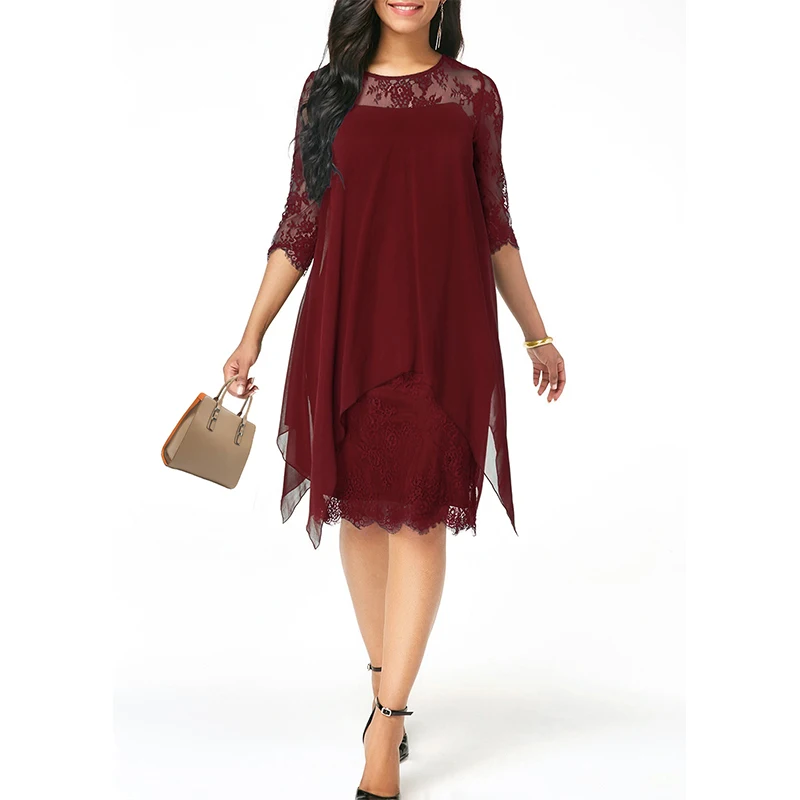15 цветов s кружевное платье женское летнее платье больших размеров повседневное однотонное короткое платье с круглым вырезом шифоновое платье короткое платье - Цвет: Red wine