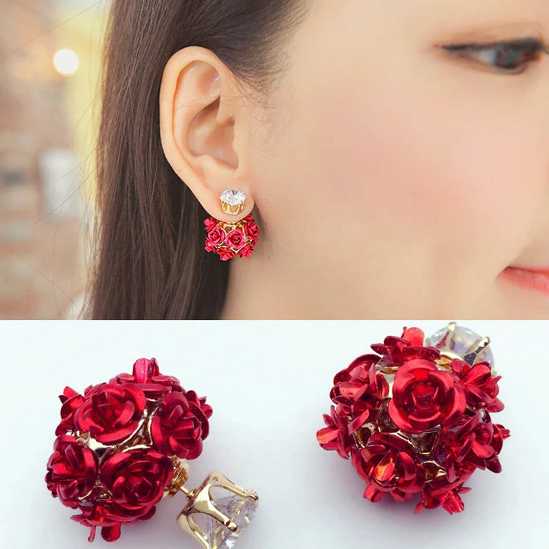 Shellhard Crystal Earring Femme Brincos Elegant Womens Double Sided Rose Flower Stud Earrings Fashion Jewelry Gift