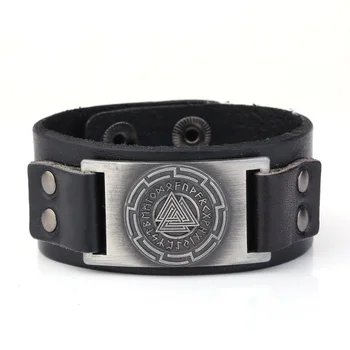 

Viking Metal Leather Wristband Bracelet Engraved Scandinavian Viking Runes Bracelets Bangles For Men Gift Jewelry