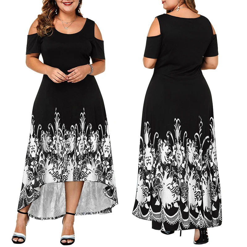 

Plus Size Dress Women Casual Short Sleeve Off Shoulder Print Black Maxi Dress Fashion Ladies Summer Holiday Beach Long Dress D40