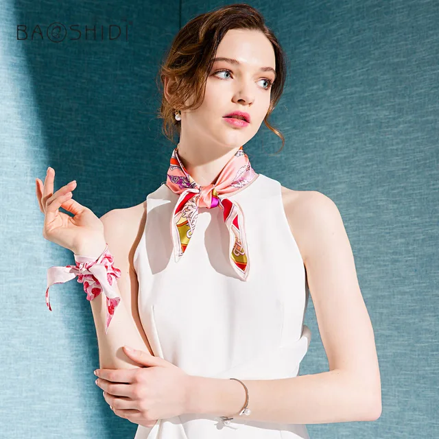 [BAOSHIDI]100 Silk Scarf Women, 2017 New Fashion Mini Square Neck