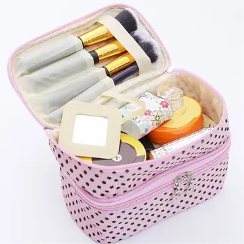 

1pc Double Layers Makeup Case Bag Large Capacity Cosmetics Storage Pouch Novelty Dot Toiletry Wash Bags Women Handbag for Travel
