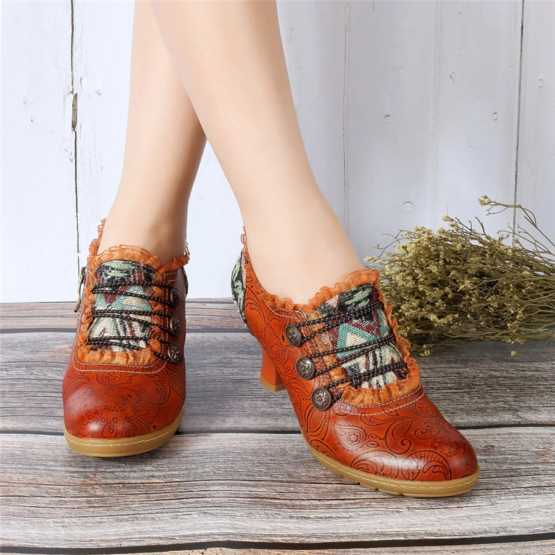 Socofy Oxford Leather Shoes,Womens Handmade Printing Splicing Plant Pattern Hook Loop Flat Vintage Shoes