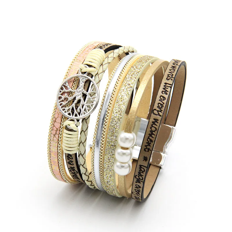 

ZG Hot Bohemian Pearl Crystal Leather Bracelet Woman Pulseira Magnetic Buckle Multilayer Bracelet Women Peace Bracelet
