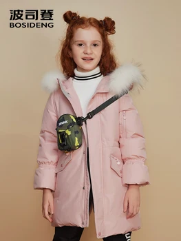 

BOSIDENG kids girls winter thicken down coat mid-long pagoda sleeve loose hooded parka high waist natural fur T80141502DS