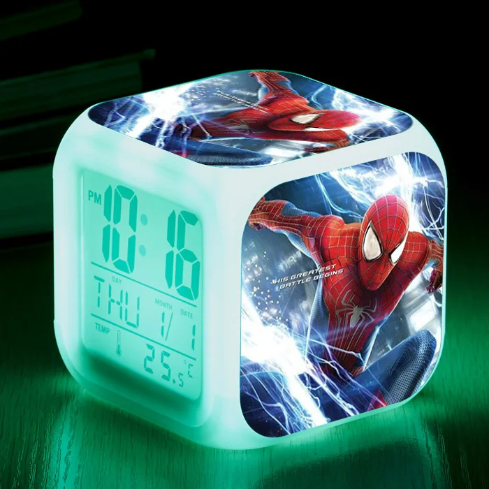 Фигурка Человека-паука, Светодиодный светящийся будильник, игрушки с 7 сменными цветами, Marvel, Мстители, герой, Neiborhood, будильник для кровати Человека-паука - Цвет: 22