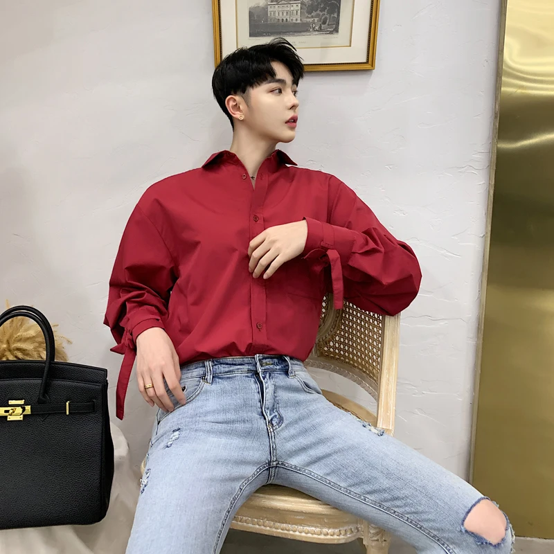 

MIXCUBIC 2019 spring summer England style retro simple unique Bandage design shirts men casual loose navy shirts M-XXL