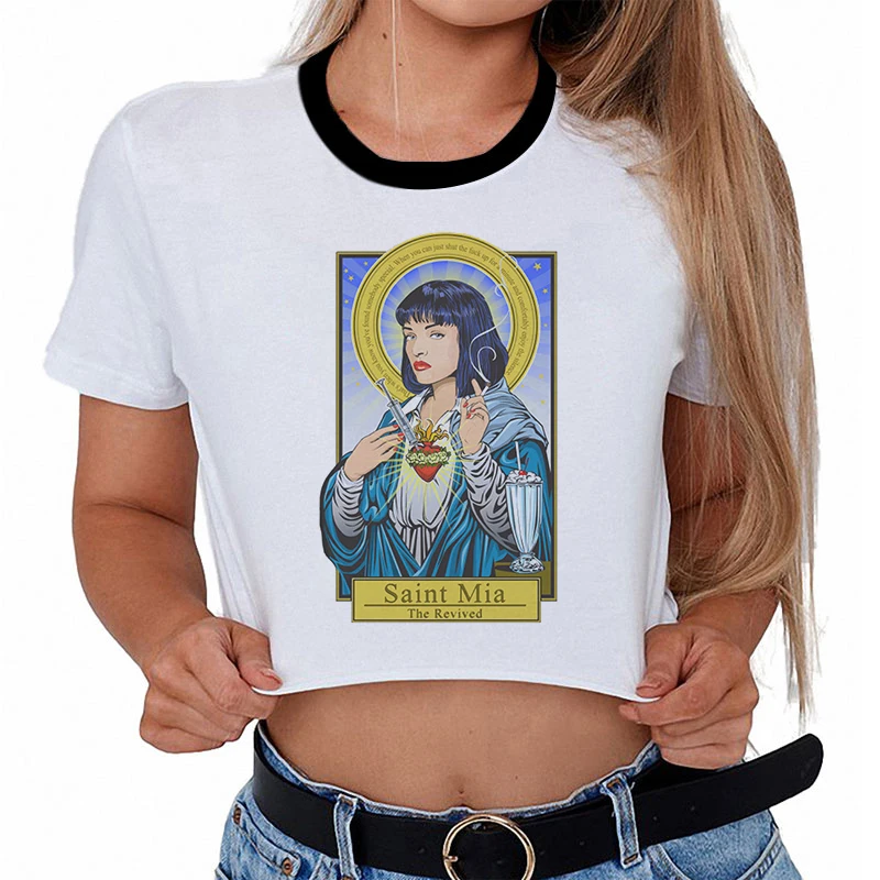 

Summer New Harajuku Fashion Pulp Fiction T Shirt Women Gothic Tumblr Streetwear Ulzzang Vogue Crop Top T Shirt 5 People Picture