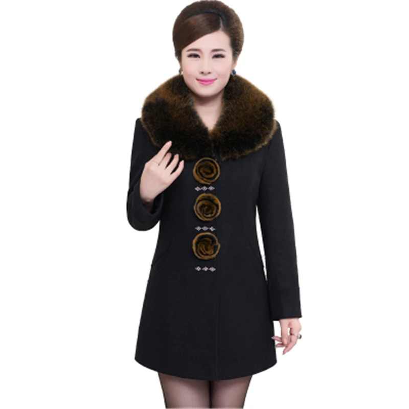 Женская куртка, осенне-зимняя шерстяная куртка, одежда для мамы среднего возраста, модное шерстяное пальто с меховым воротником, большие размеры 5XL, Женское пальто - Цвет: black