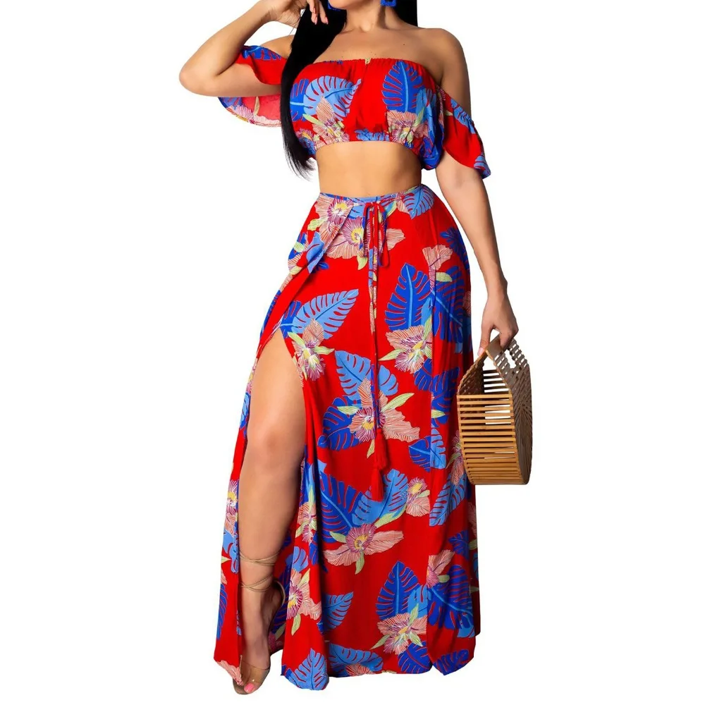 

Strapless Printed Crop Tops Long Skirts 2 Piece Sets Women Floral Off Shoulder Two-pieces Set Summer Fashion Beach Suit Outfits