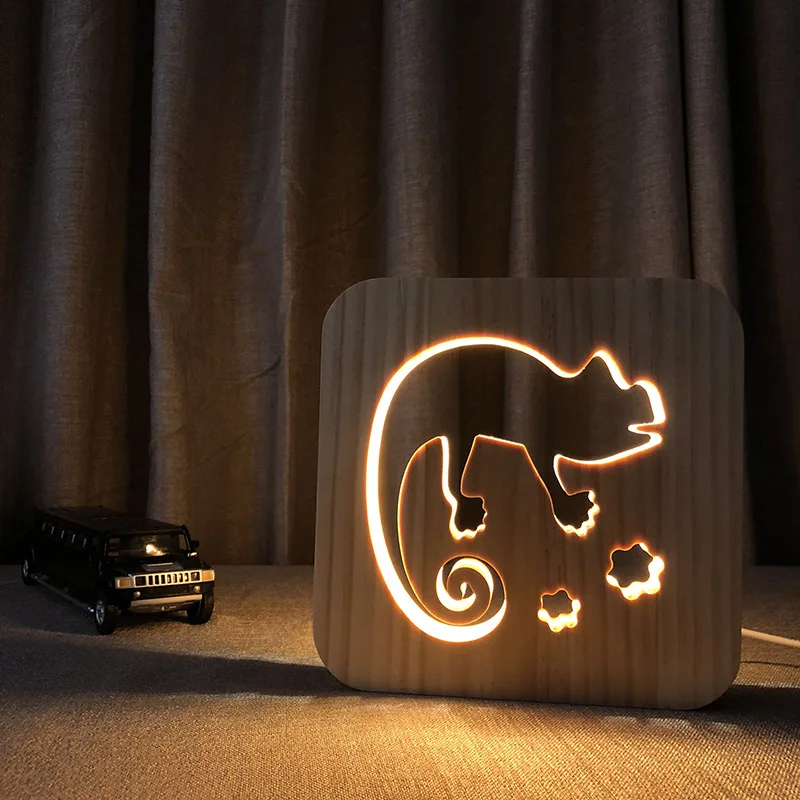 Хамелеоновый светодиодный ночник с USB разъемом деревянный мультяшными животными