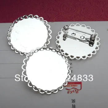

New Silver Plated Brass Blank Brooch Bases Double Round Lace Bezel Cabochon Brooches Pins Settings Jewelry Findings Wholesale
