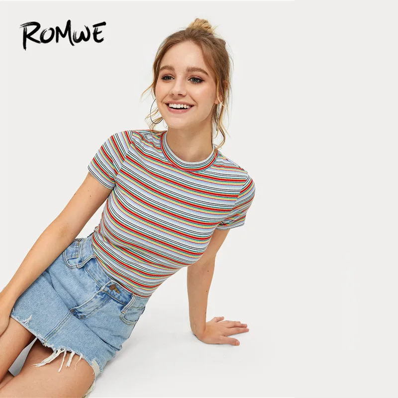 

ROMWE Stand Collar Short Sleeve Ribbed Knit Multicolor Stripe Tees Women Casual Crop Slim Fit T Shirts Summer Short Striped Tops