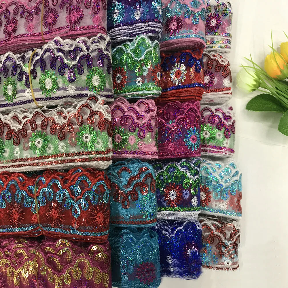 

Lychee Life Sequins African Lace Trim 2 Yards Ethnic Style Lace Ribbon For Dress Decoration DIY Sewing Accessories