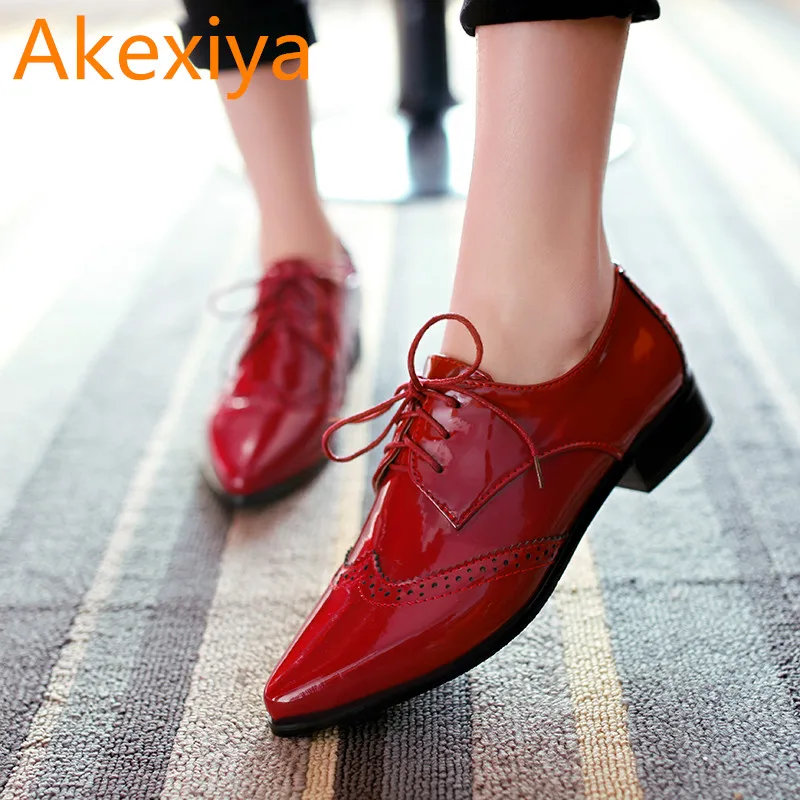 Akexiya Free Shipping Patent Leather Lace Up Neutral Low Heel Casual Oxfords Pointed Toe Ankle Women