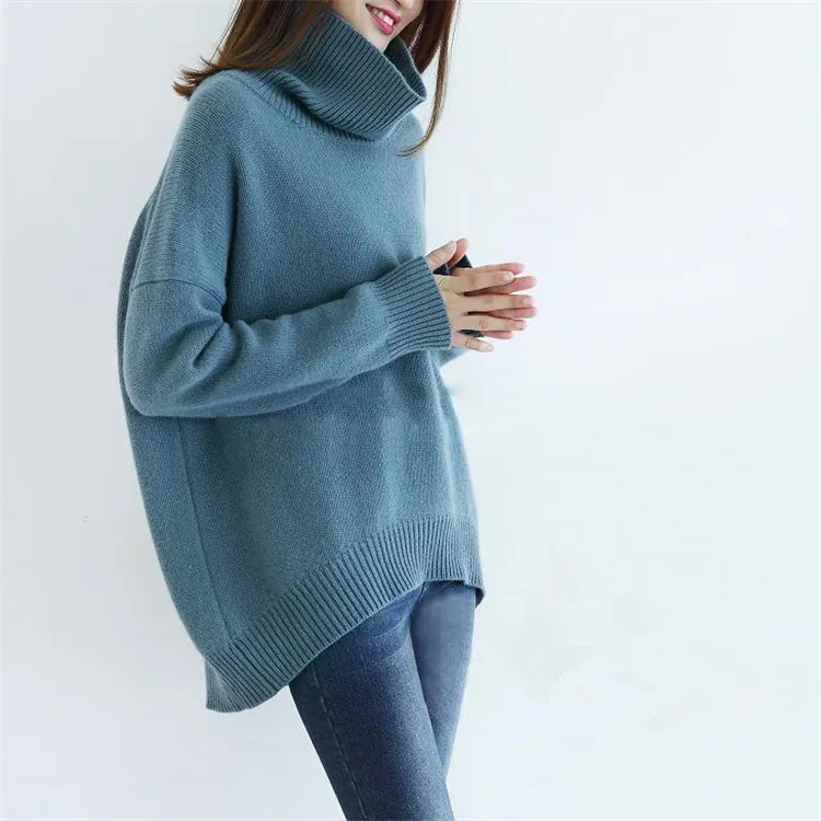 Taille La One Blue Irrégulières Haut En Chèvre Femmes Chandail Sur Long Pull amp; Mode Col Solide Cachemire khaki Épais Couleur De Hem Tricot ApqaxHRwA