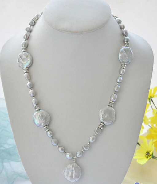 

HOT## Wholesale FREE SHIPPING >>> P5082 22" 22mm gray baroque coin freshwater pearl pendant necklace