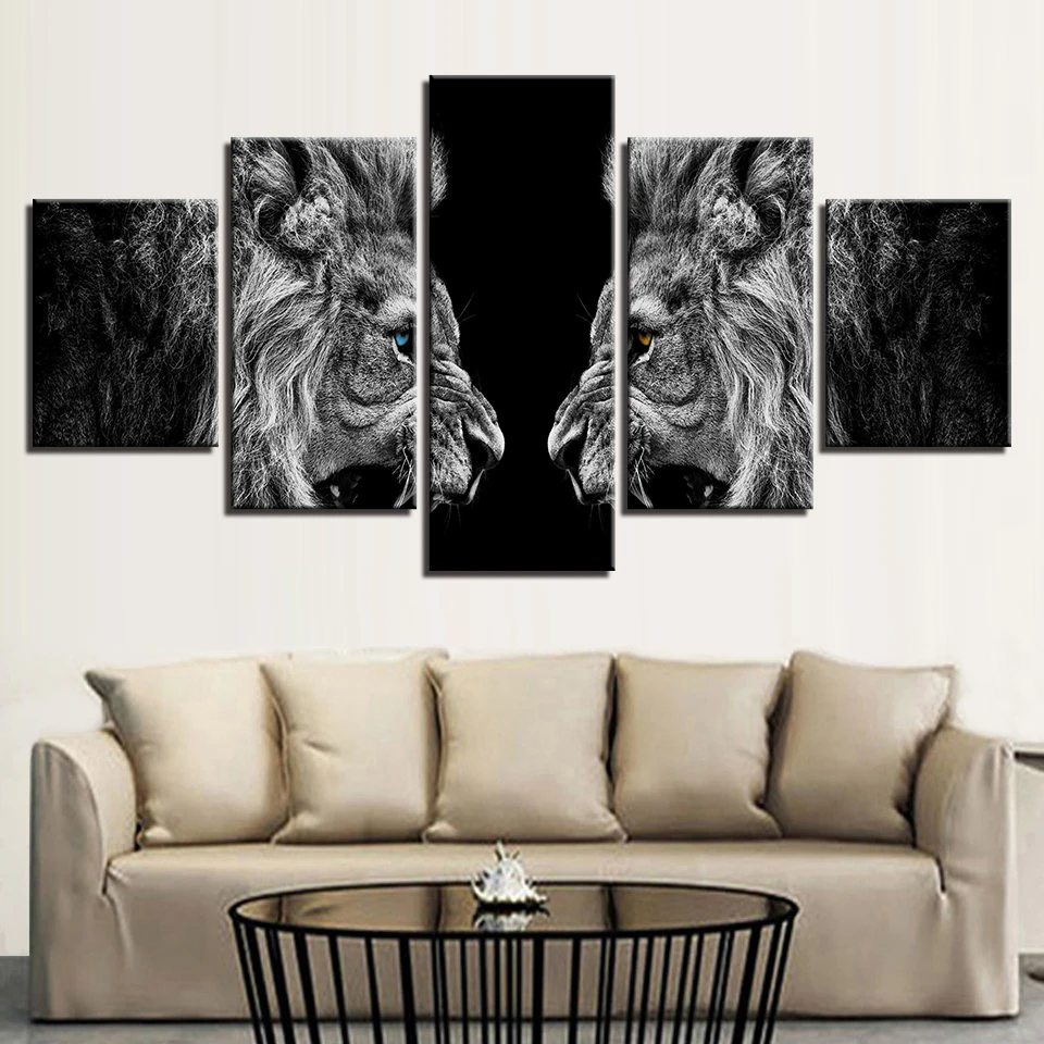 

Home Decor HD Prints Canvas Posters Framework 5 Pieces Roaring Lions Mirror Paintings Wall Art Animal Pictures For Living Room