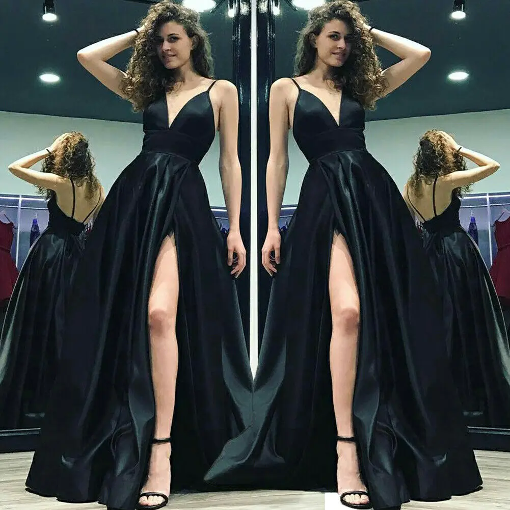

Women Formal Wedding Long Evening Party Elegant Solid Dress V Neck Sexy Sleeveless Long Floor Length Furcal Clothes