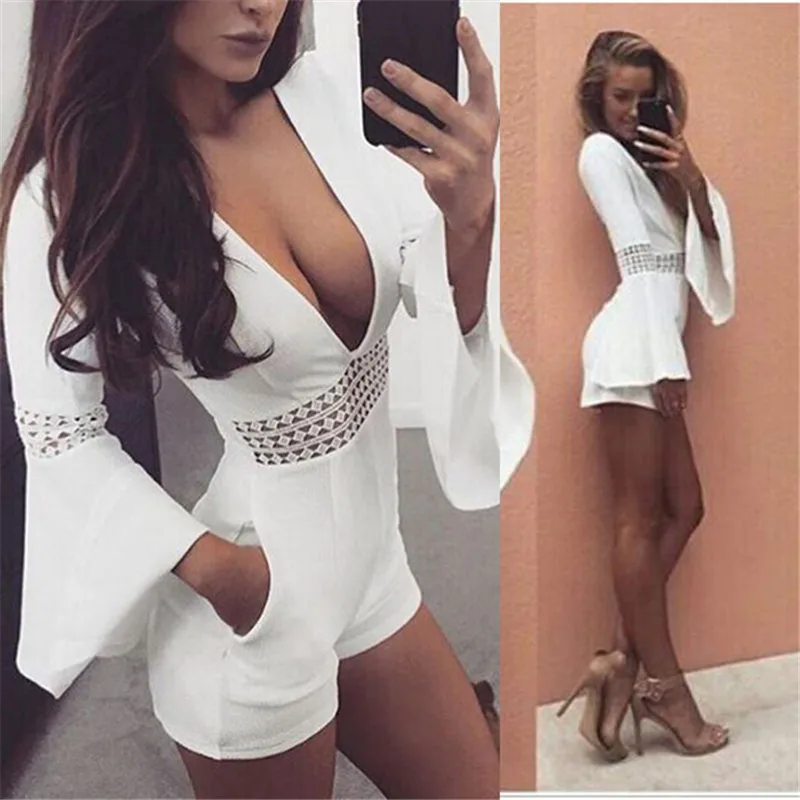 

Women Summer White Short Sexy Rompers Jumpsuit Deep V Neck Long Flare Sleeve Beach Party Playsuits Waist Crochet Lace Overalls