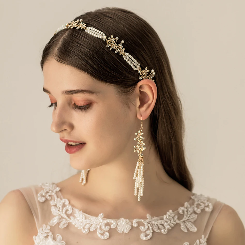 

Elegant Headbands Earrings Sets Gold Pearl Rhinestone Wedding Bridal Hair Accessories Handmade Tiaras Crowns Jewelry Gift b590