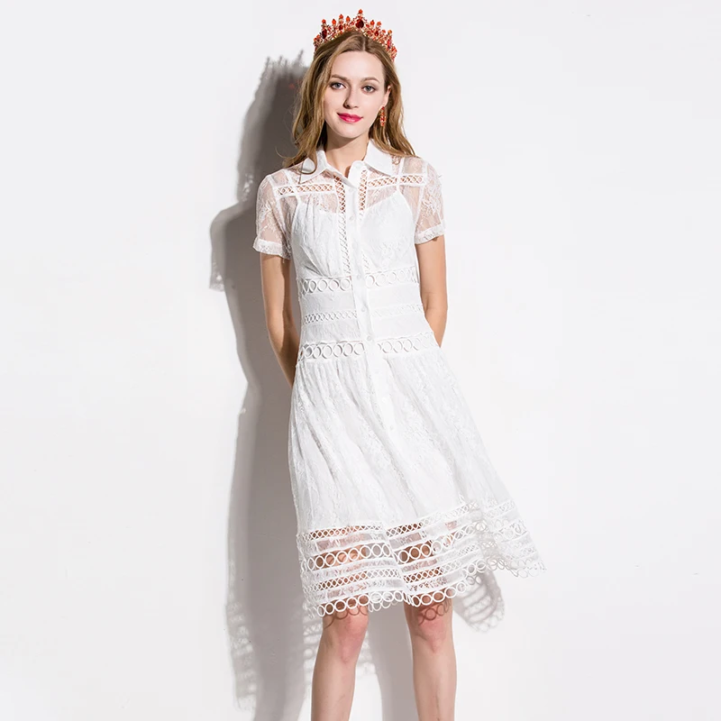 White Fashion Dresses Brief European 2017 Summer Short Sleeve Lace