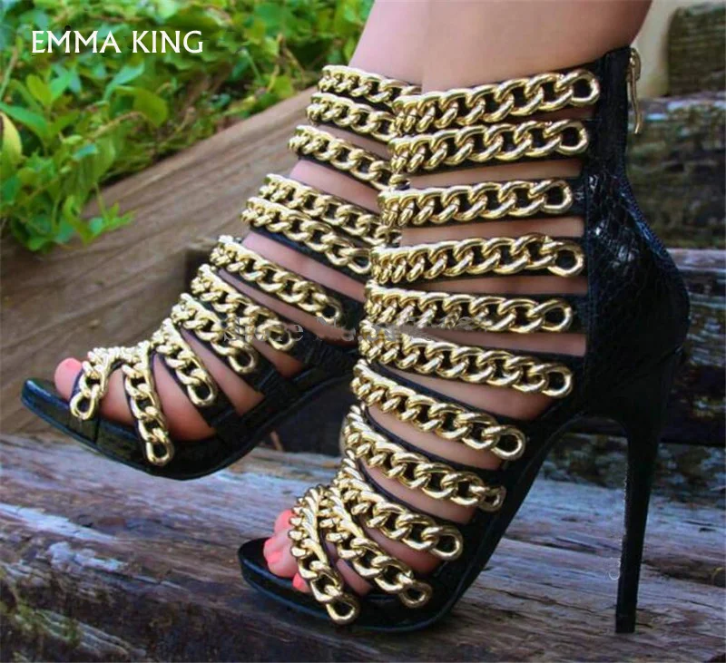 

EMMA KING Summer Fashion Open Toe Gold Chain High Heel Sandals Straps Chain Design Back Zipper-up Sandalias Mujer Free Shipping