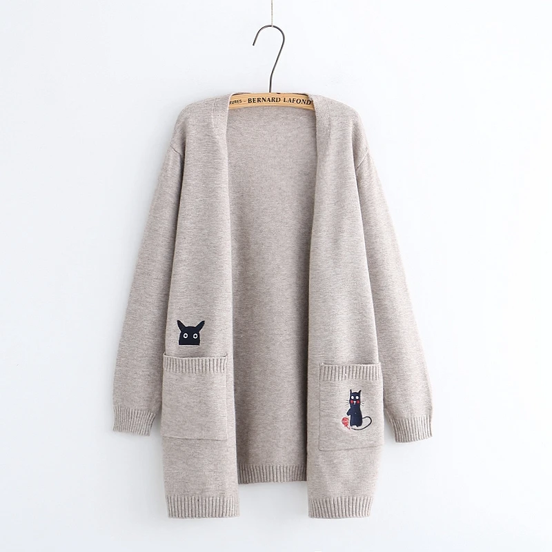 Винтажный кардиган с вышивкой котенка и двумя карманами; свитер mori girl; коллекция года; сезон осень-зима