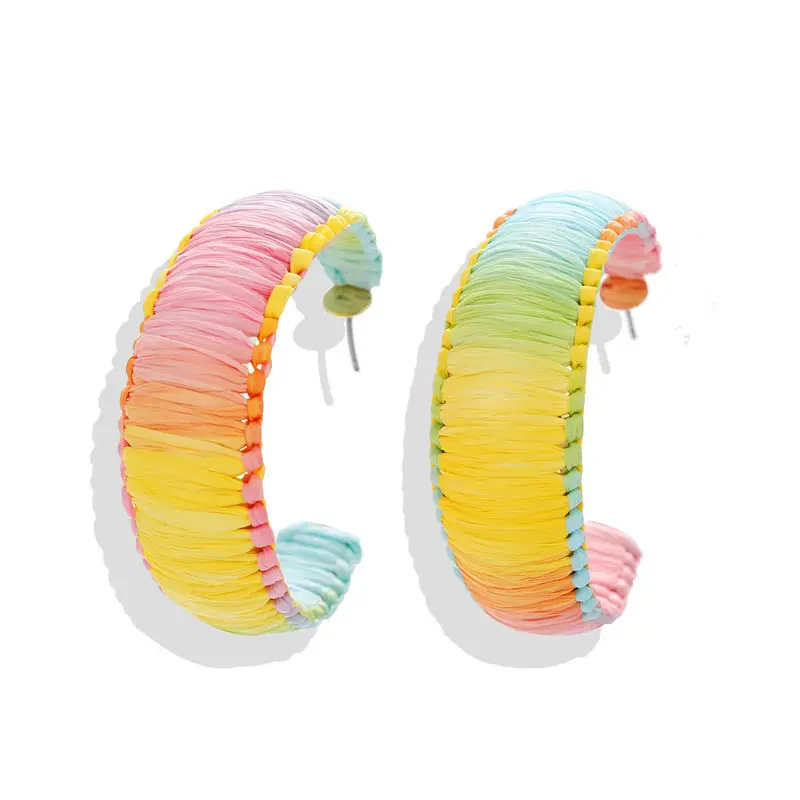 

2019 Colorful Oval Woven Hoop Earrings for Women Statement Rattan Geometric Bohemian Bride Earring