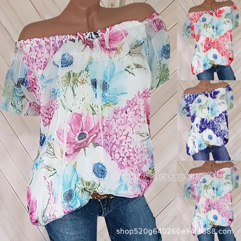 

large size women's shirt 2019 summer new loose thin one-shoulder collar printed women blouses