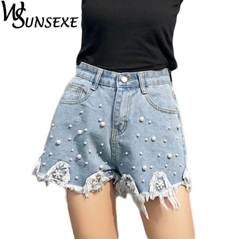 Beading Pearl Denim Shorts Female New High Waist Patchwork Tassel Sexy