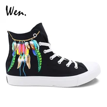 Вэнь черные парусиновые кроссовки перо Ловец снов ручная роспись обувь индийский дизайн высокие плимсоллы женские мужские спортивные кроссовки на шнуровке