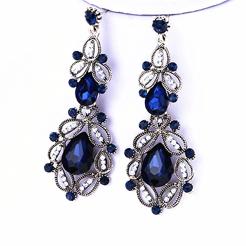 

Vintage Fashion Big long Blue crystal flower silver Color drop earrings for women bride Earrings wedding Jewelry accessories