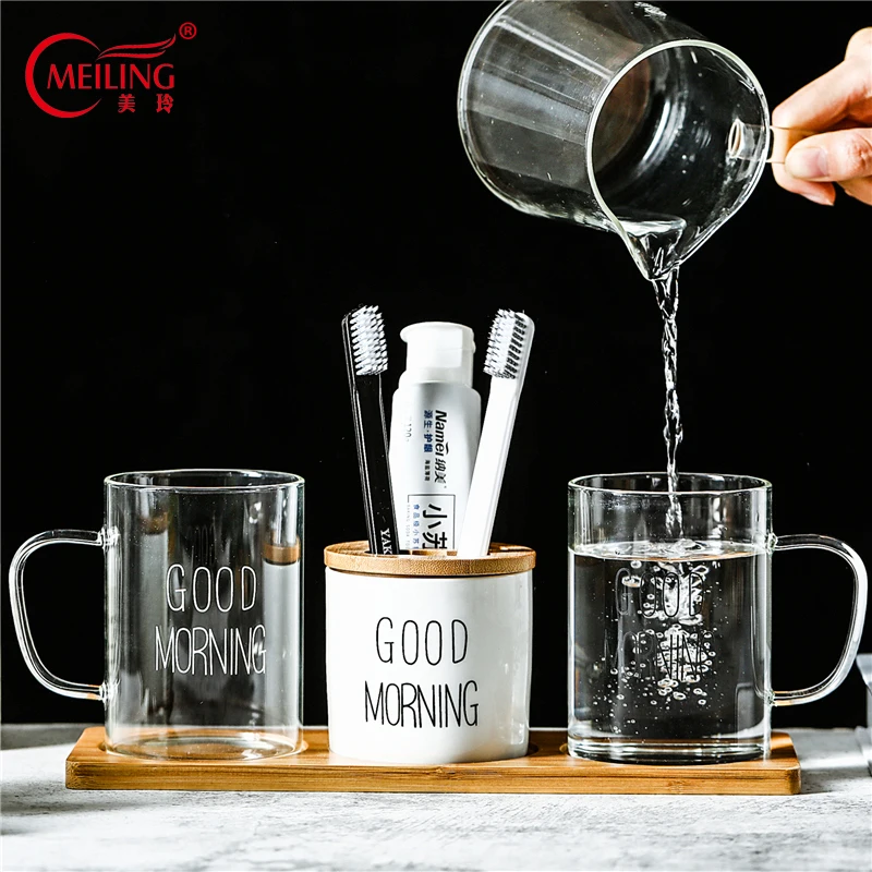 

Nordic Glass Bathroom Set Transparent Toilet Accessories Decoration Good Morning Cup Ceramic Toothpaste Dispense Gift For Couple