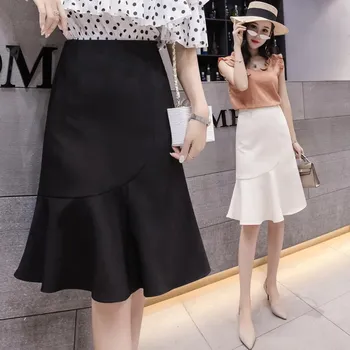 

Ruffles Mermaid Women Skirts 2019 Summer Korean Elegant Apricot Black Knee Length Midi Skirts High Waist Office Skirt