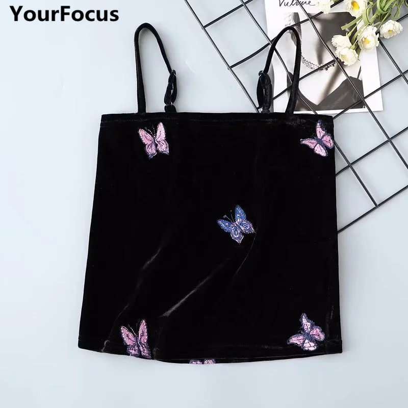 

Harajuku vintage retro old school velvet black butterfly pattern embroidery crop top crop camis YQ-812