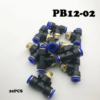 

20Pcs/lot T-Type Pass Pneumatic Fittings tube 12mm thread 1/4" PB12-02 fittings pneumatic