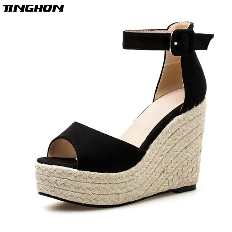 

TINGHON Women 11CM High heels Platform Sandals Peep Toes Wedge Espadrilles Women Buckle Strap Comfortable Women Sandals