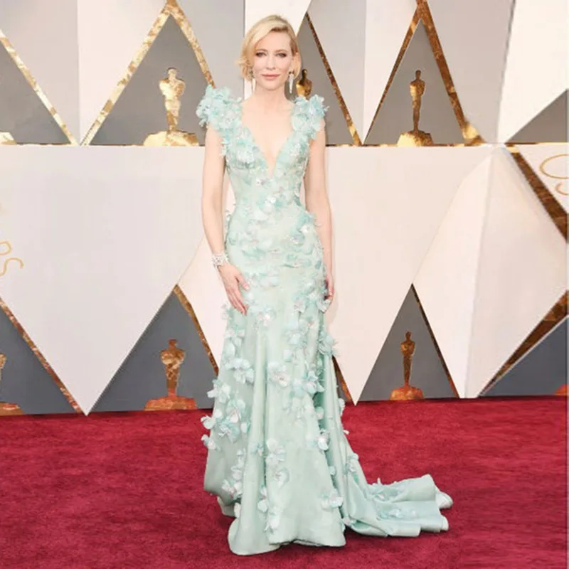 

Red carpet Celebrity Dresses 2017 estrelas vestir Cannes Film Festival Flower Sexy V Neck Formal Party Dress Mermaid Prom Gowns