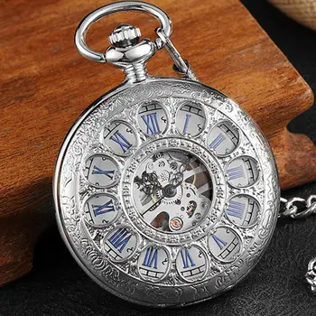 

Silver 12 Holes Hollow Skeleton Steampunk Mechanical Pocket Watch Hand Wind Necklace Watch With Chain For Women Mens Xmas Gift