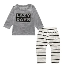 Осенний комплект одежды для детей, хлопковая детская одежда футболка с длинными рукавами+ штаны комплект из 2 предметов в полоску с буквенным принтом для новорожденных девочек