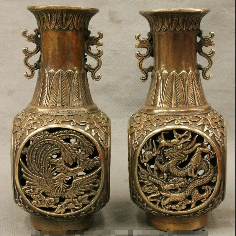 

wan67104072+++9" Chinese Bronze Dynasty Palace Lucky Dragon Phoenix Statue Vase Pot Pair