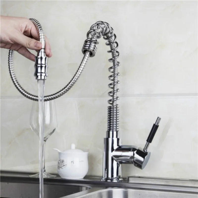 

Pull Down Kitchen Faucet Chrome Spring Dual Spouts 360 Swivel Handheld Shower Kitchen Mixer Crane Hot Cold Outlet Spring Taps#0