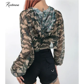 

Rockmore Fashion Loose Camouflage Hooded Mesh T-shirt Women Oversized Long Sleeve See Through Tops Tee shirts Female Streetwear