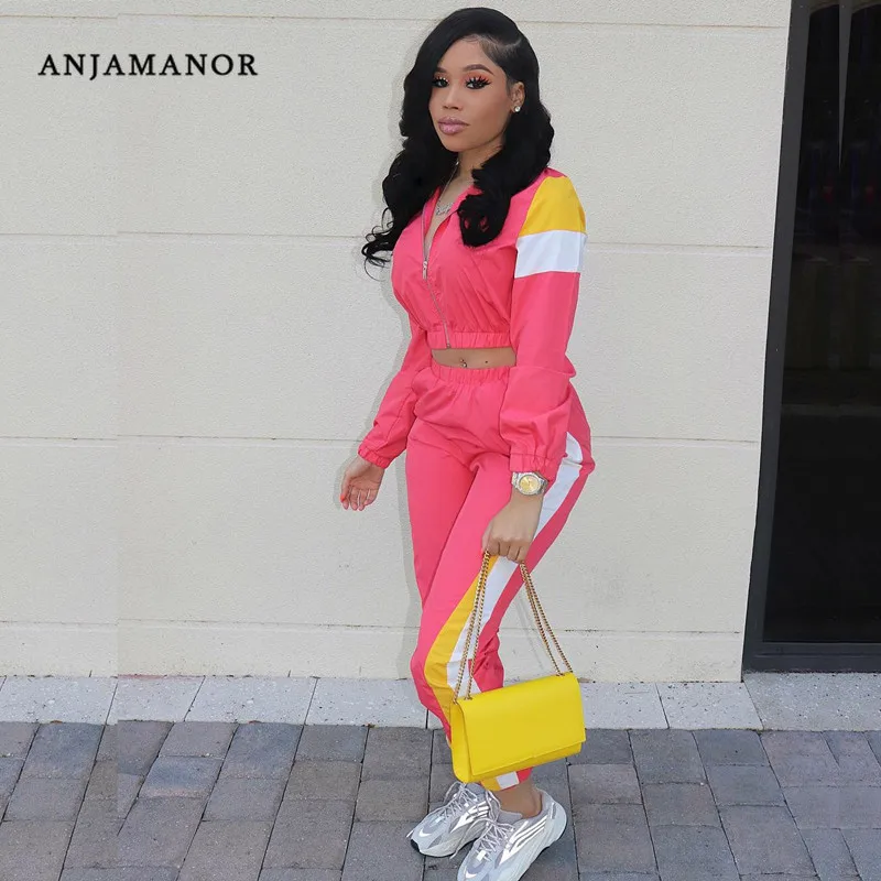 

ANJAMANOR Color Block Casual Tracksuit Women Two Piece Set Top and Pants Neon Pink Outfits Matching Sets Sport Suits D30-AF27