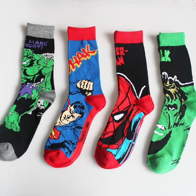 Розничная продажа, хлопковая Для Мужчин's DC Comics вентиляторы Мстители, Супермен, Бэтмен Человек-паук Халк Вязаные гольфы классические носки 2