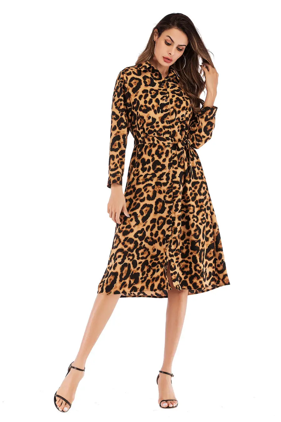 Gladiolus Chiffon Spring Dress Women 34 Sleeve Turn-Down Collar Leopard Print Belt Women Shirt Dress 2019 Autumn Sexy Dresses (20)