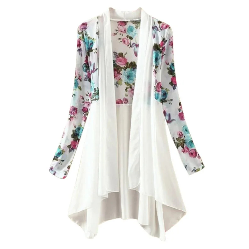 

Autumn Women Fashion Kimono Vest Blusa Black Printing Flora Female Long Casual Blouses Jackets Long Chiffon Ladies Shirts