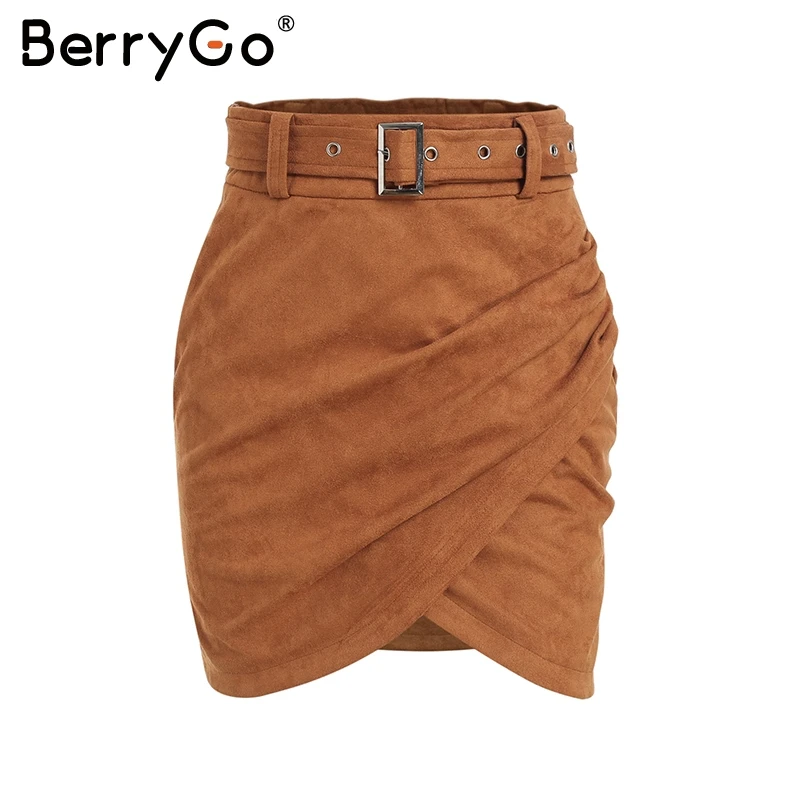 BerryGo Асимметричная замшевая кожаная женская юбка высокая талия с поясом